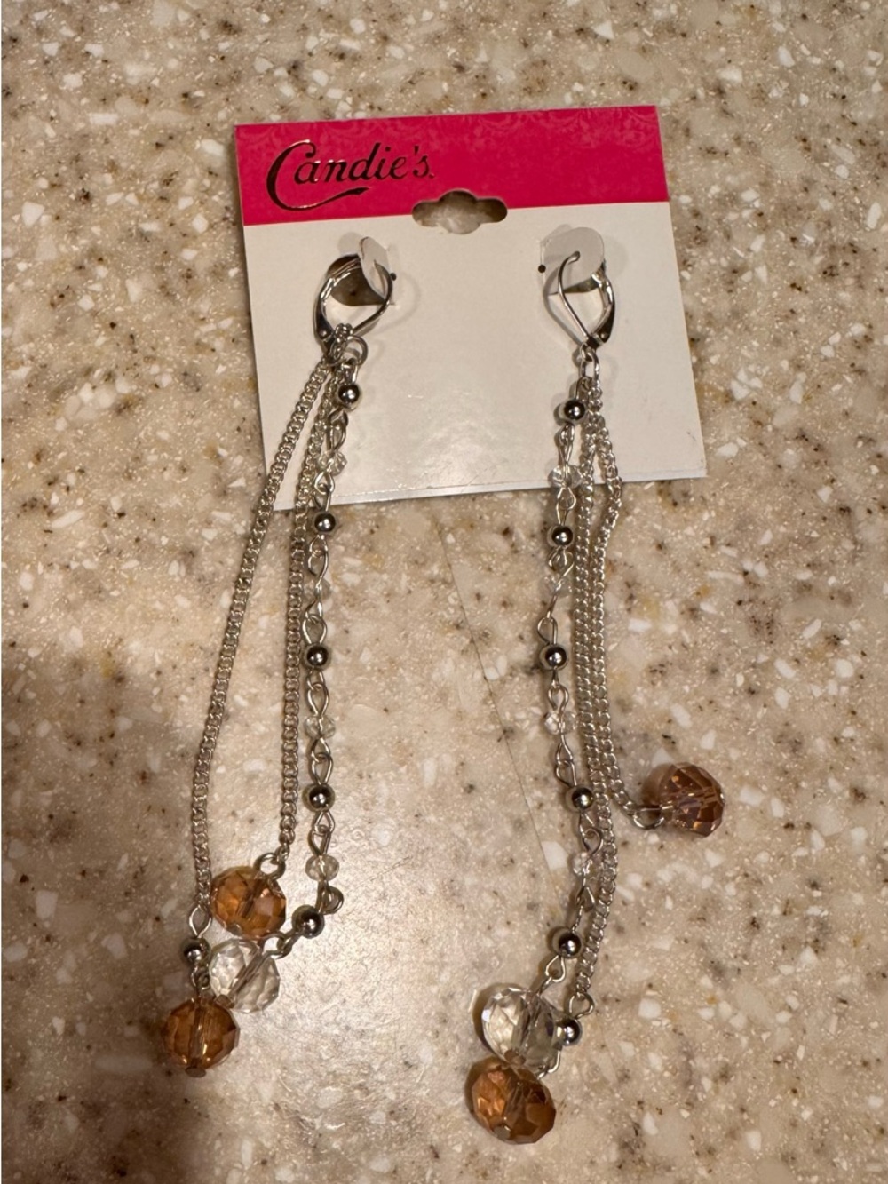 Candie's Silver-Tone Dangle Costume Earrings with Amber and Clear Beads